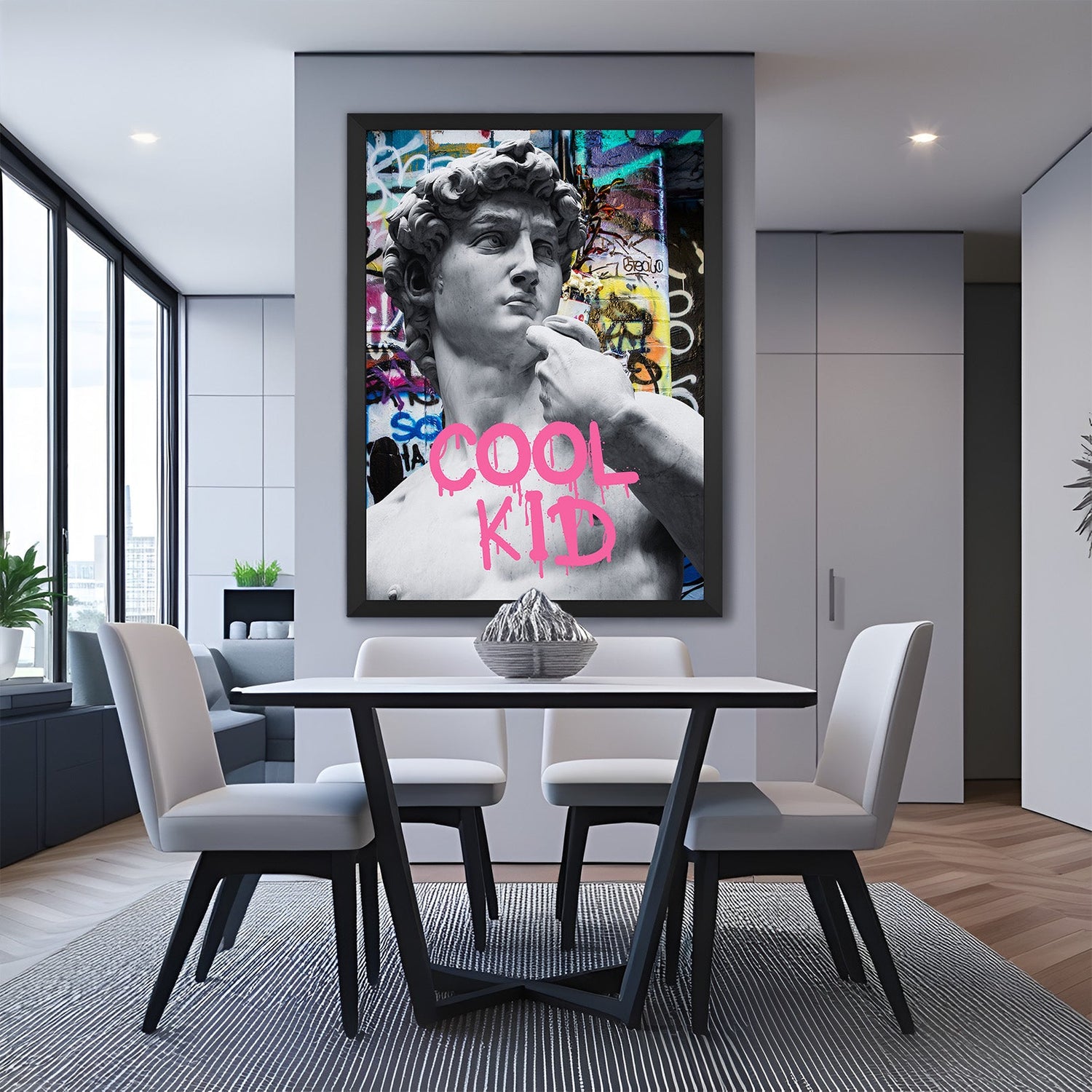 Framed modern canvas art of David with graffiti text 