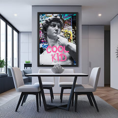 Framed modern canvas art of David with graffiti text "Cool Kid" in black floater frame, perfect for trendy interiors, teen rooms, or creative office spaces