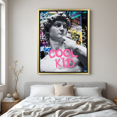 Gold-framed altered canvas artwork of David with "Cool Kid" overlay, combining classic elegance with modern pop culture design for bold home decor
