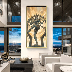 Cosmic Rhythm Nataraja artwork in luxury golden floater frame featuring divine dancing Shiva