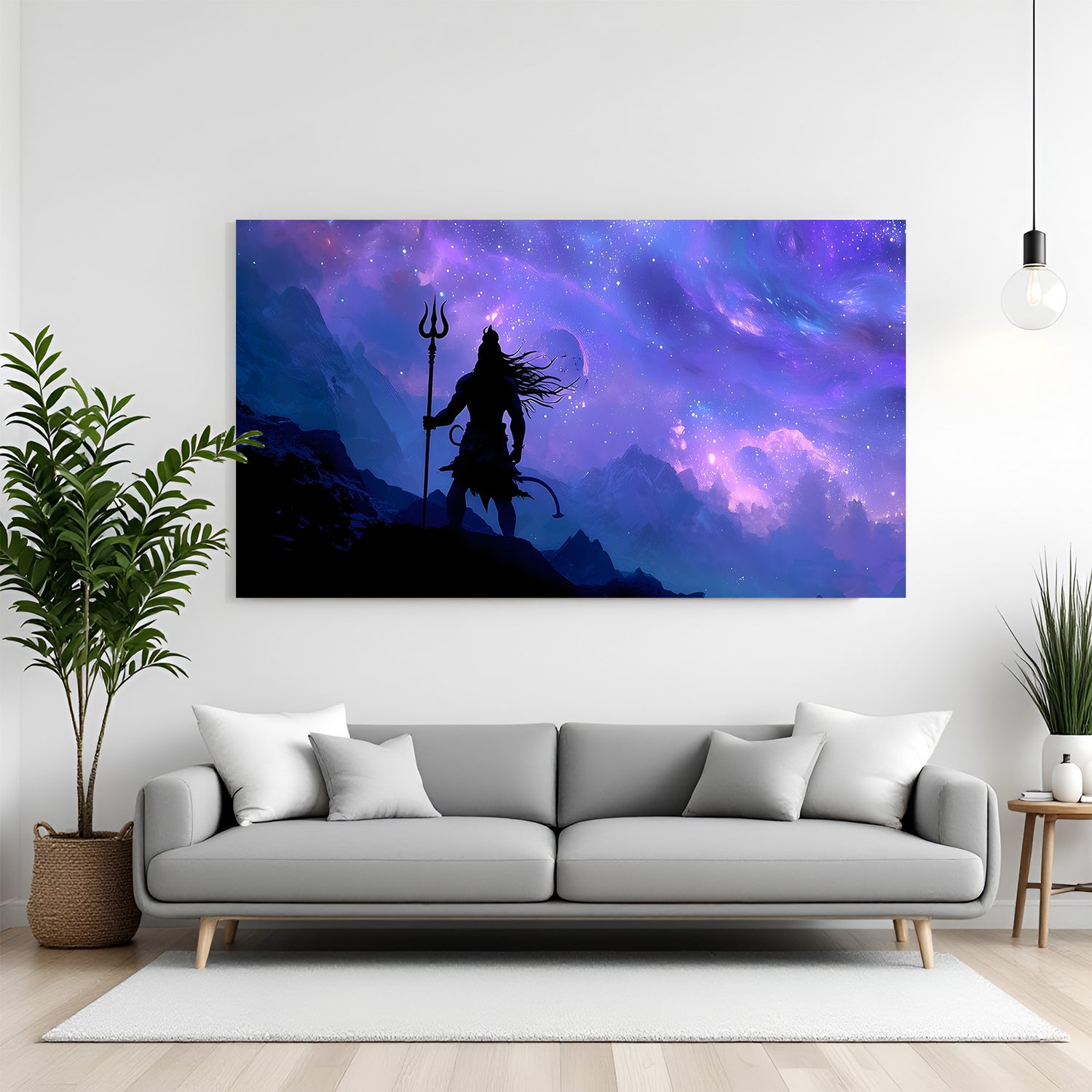 Silhouette of a deity holding a trident against a purple galaxy canvas wall art in premium canvas wrapped frame