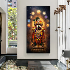 Canvas wrapped vertical Vishwaroop Jagannath wall art with cosmic background and planetary halo.