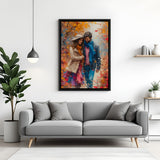 Hand-painted canvas wall art of a couple walking in autumn season with falling leaves, in black floater frame, perfect for cozy modern home decor