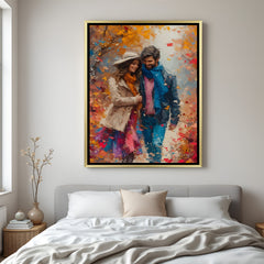 Hand-painted canvas wall art of a couple walking in autumn season with falling leaves, in golden floater frame, ideal for warm and artistic home decor