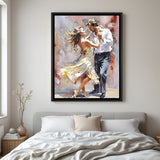 Hand-painted abstract canvas wall art of a couple dancing together, in black floater frame, perfect for modern and elegant home decor
