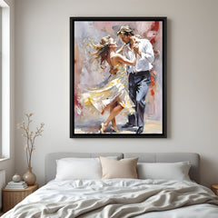 Hand-painted abstract canvas wall art of a couple dancing together, in black floater frame, perfect for modern and elegant home decor