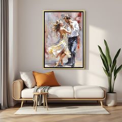 Hand-painted abstract canvas wall art of a couple dancing together, in golden floater frame, ideal for modern, vibrant, and artistic home decor