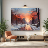 Vintage canvas art of a couple walking in soft winter sunrise—ancient-style wall art for romantic and seasonal home decor