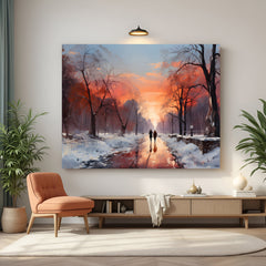 Vintage canvas art of a couple walking in soft winter sunrise—ancient-style wall art for romantic and seasonal home decor