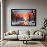 Hand painted couple walking in winter sunset canvas wall art in black floater frame – romantic painting