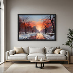 Hand painted couple walking in winter sunset canvas wall art in black floater frame – romantic painting