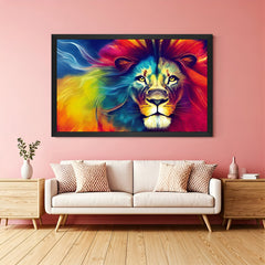 Vibrant lion canvas in black floater frame, adding fierce energy and artistic strength to modern interiors