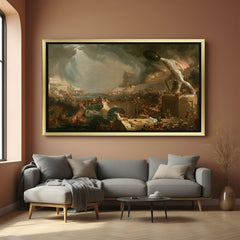 Golden-framed classical canvas of empire destruction—antique artwork in vintage textured wall art format