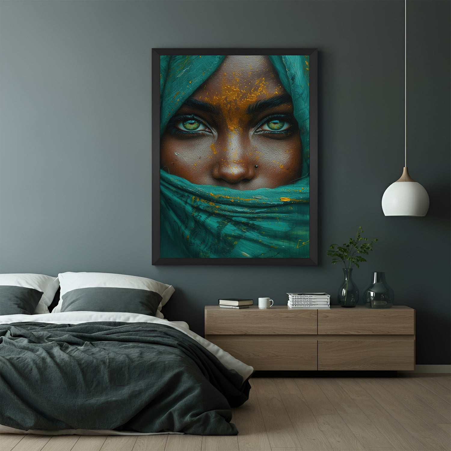 Framed canvas of African woman’s zoomed portrait with her face wrapped and eyes exposed, set in a sleek black frame for modern display