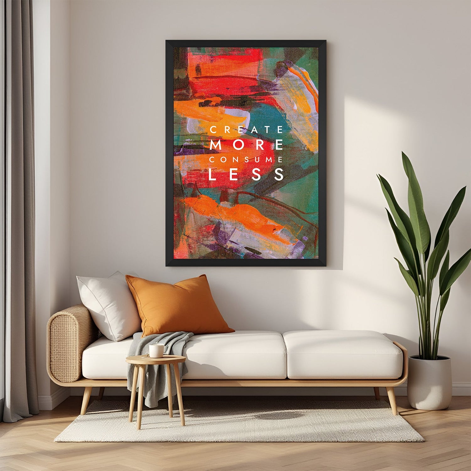 Motivational wall art with black floater frame featuring “Create More, Consume Less”