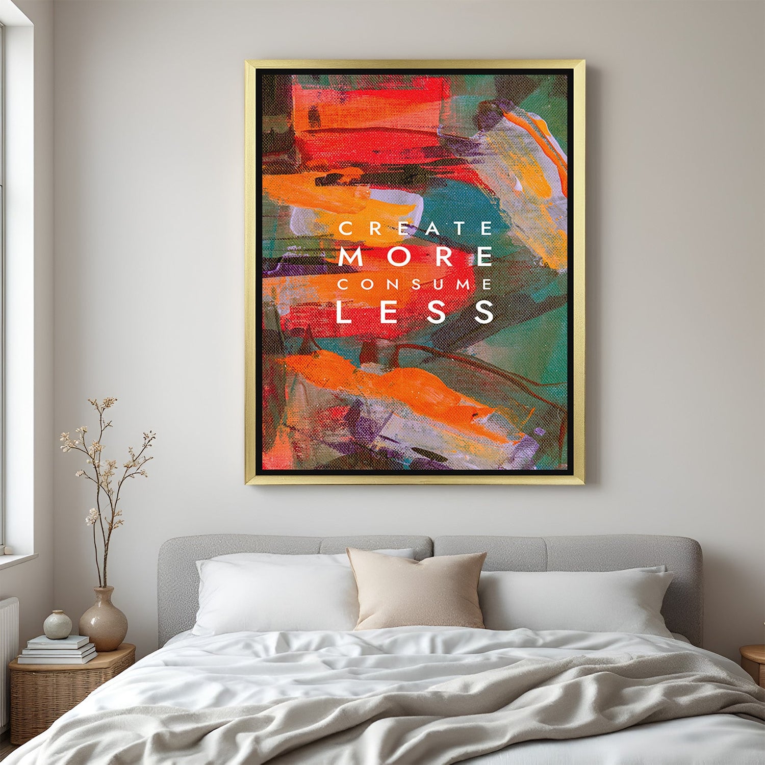Motivational wall art with golden floater frame featuring “Create More, Consume Less”