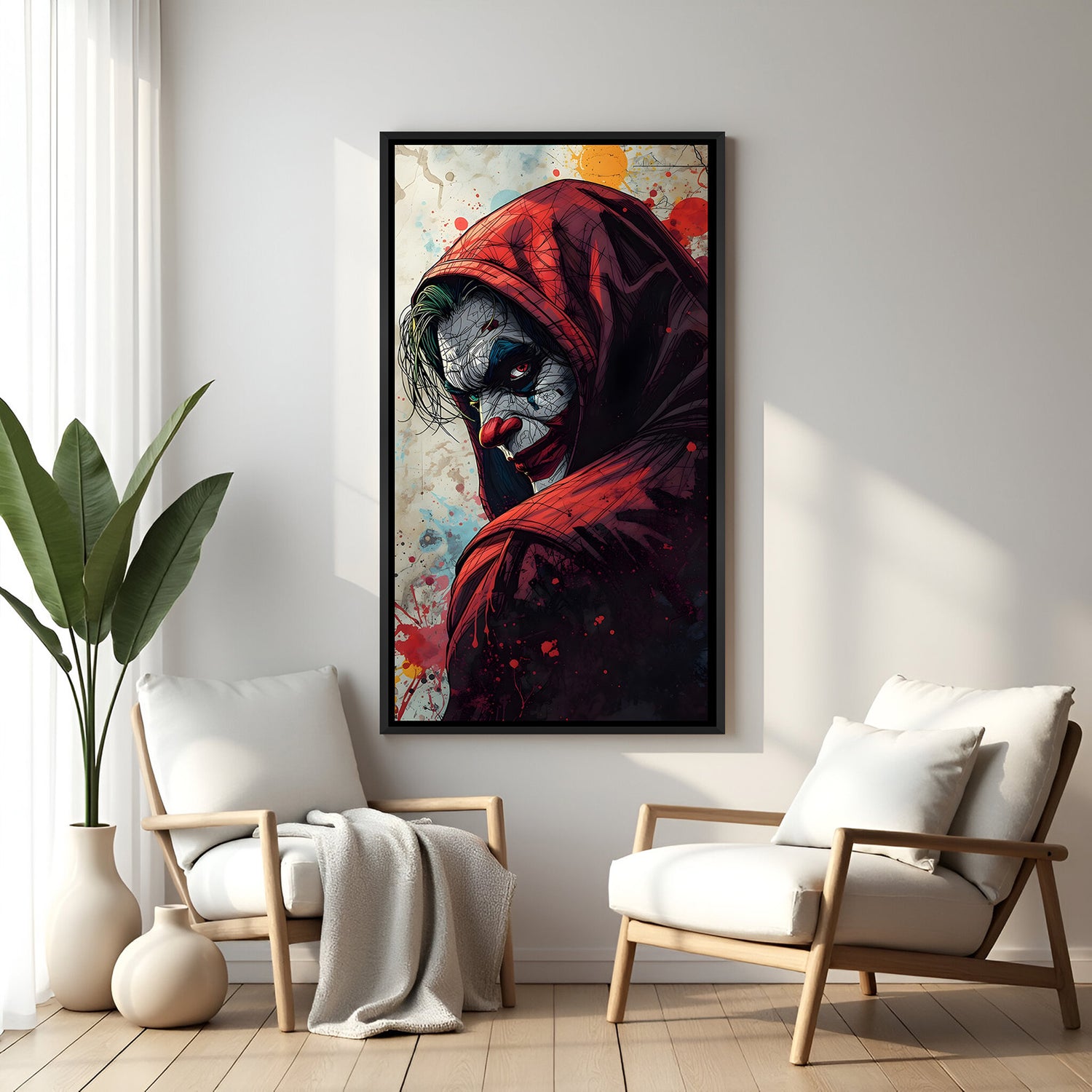 Creepy Joker Hoodie villain canvas artwork in premium black floater frame