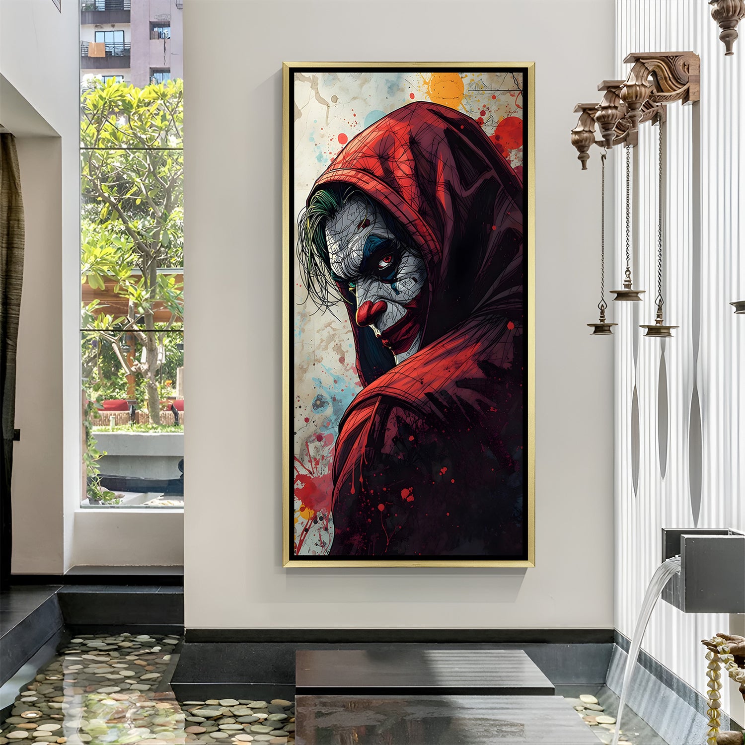 Joker wall art in luxury golden floater frame with creepy red hoodie design