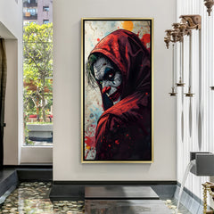 Joker wall art in luxury golden floater frame with creepy red hoodie design