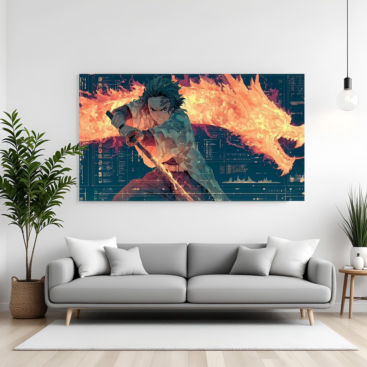 Tanjiro attacking with fiery dragon anime canvas wall art in premium canvas wrapped frame with intense battle scene