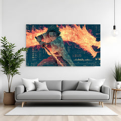 Tanjiro attacking with fiery dragon anime canvas wall art in premium canvas wrapped frame with intense battle scene