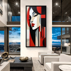 Modern abstract female portrait wall art in black floater frame with bold red and geometric artistic styling