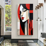 Crimson elegance female abstract modern canvas wall painting with geometric portrait design in canvas wrapped frame
