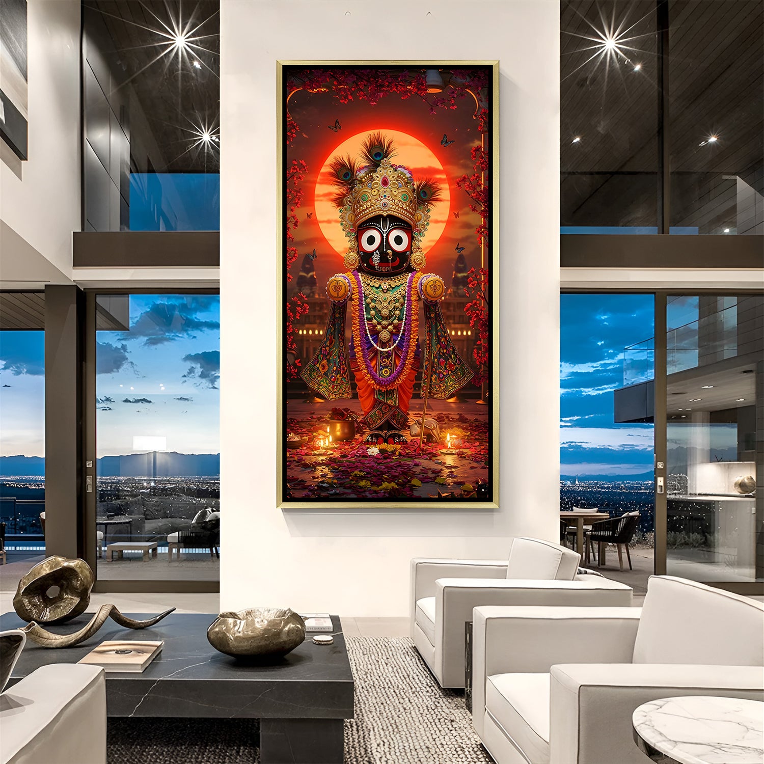Jagannath devotional wall art in golden floater frame with radiant sunset halo and sacred decor.