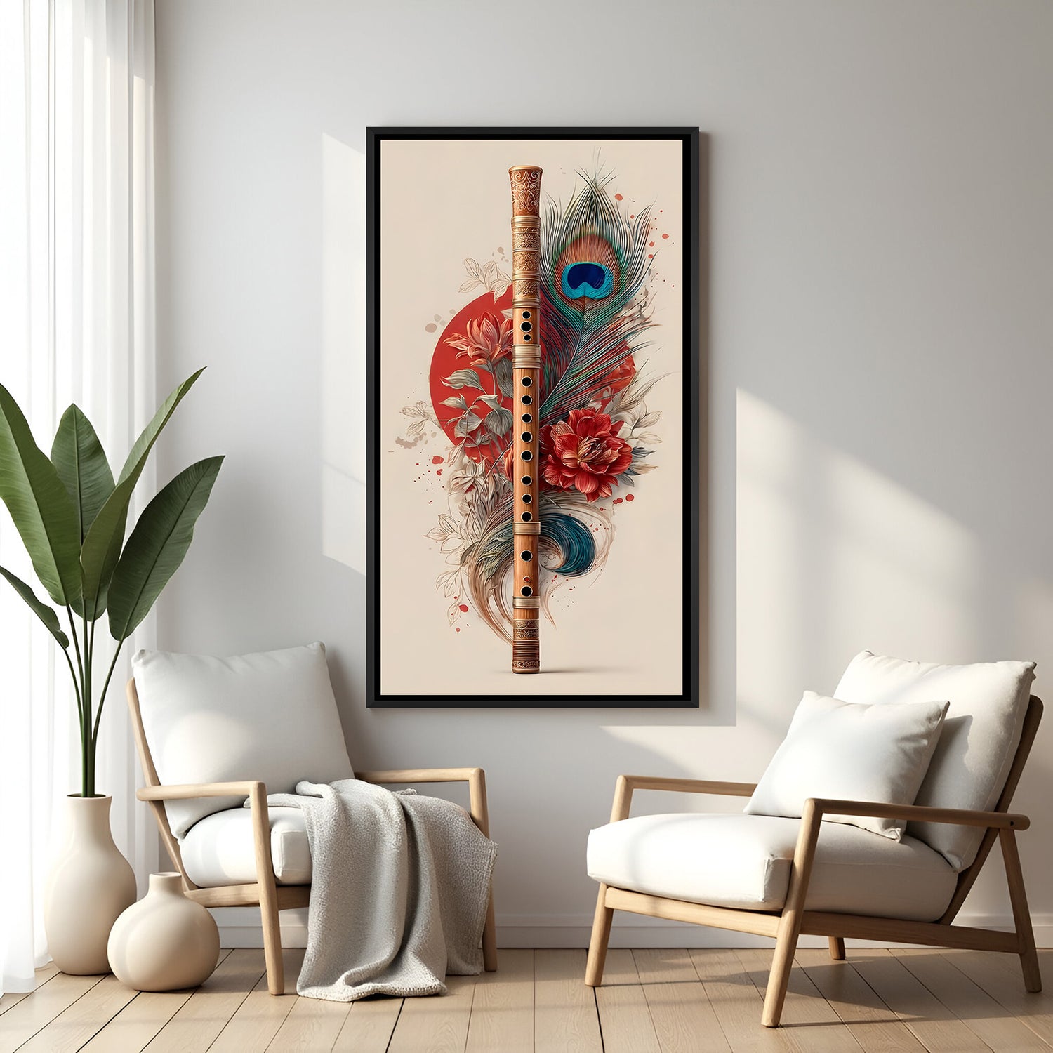 Krishna-inspired bansuri and peacock feather artwork with Japanese aesthetic in elegant black floater frame