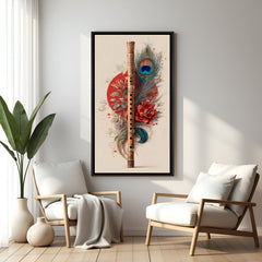 Krishna-inspired bansuri and peacock feather artwork with Japanese aesthetic in elegant black floater frame