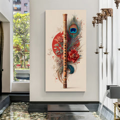 Traditional bamboo flute with a peacock feather against a red circular motif and floral background in premium canvas wrapped frame