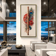 Spiritual bamboo flute and morpankh canvas painting with red sun motif in luxurious golden floater frame