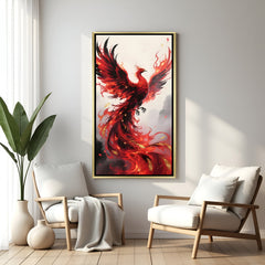 Elegant crimson phoenix wall art in gold frame with blazing red and gold accents.