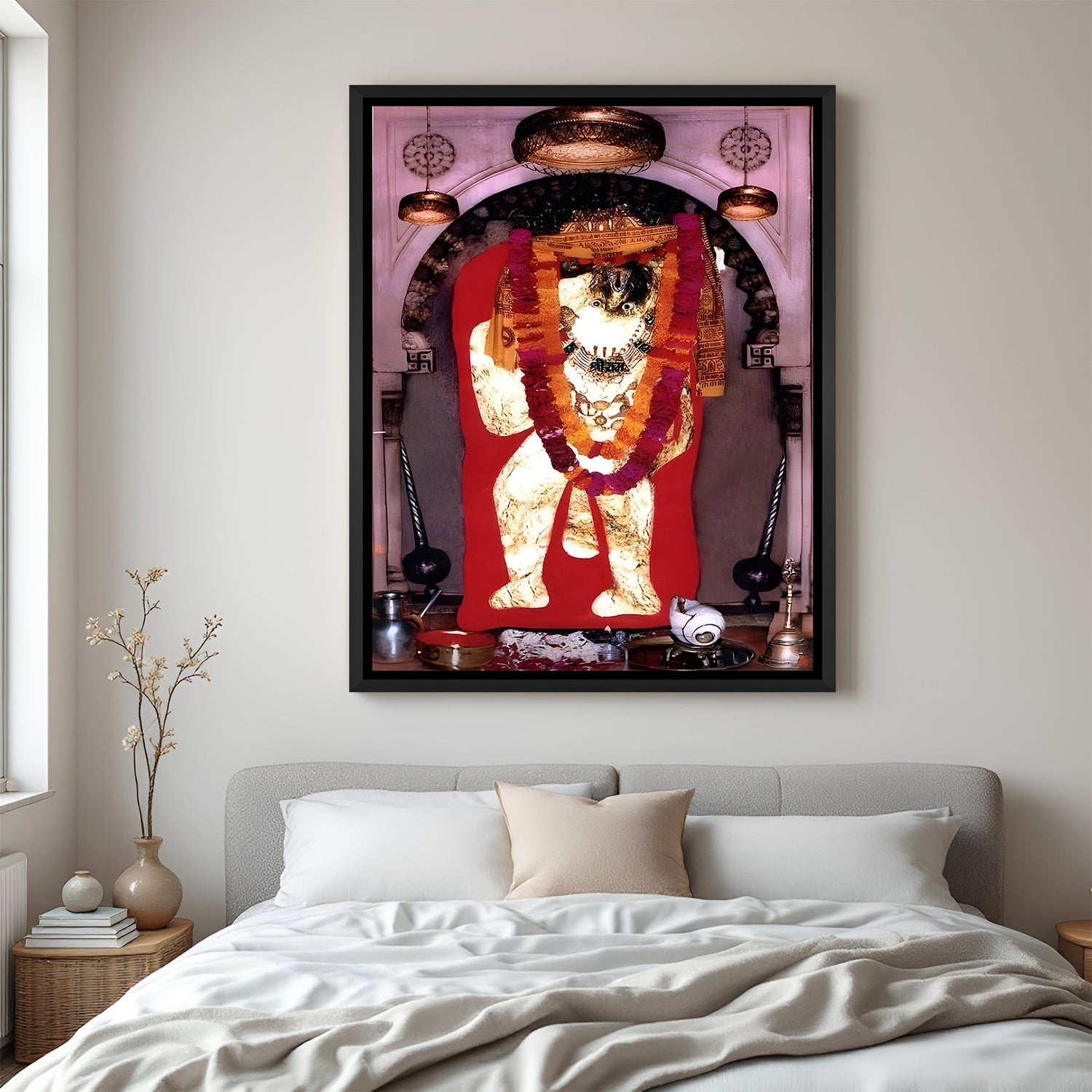 Sacred Mehandipur Balaji wall painting with crimson background in elegant black floater frame