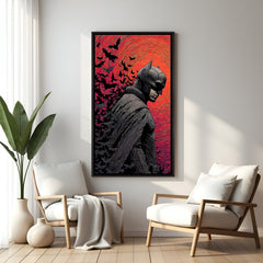 Batman side profile artwork with flying bats and red background in elegant black floater frame