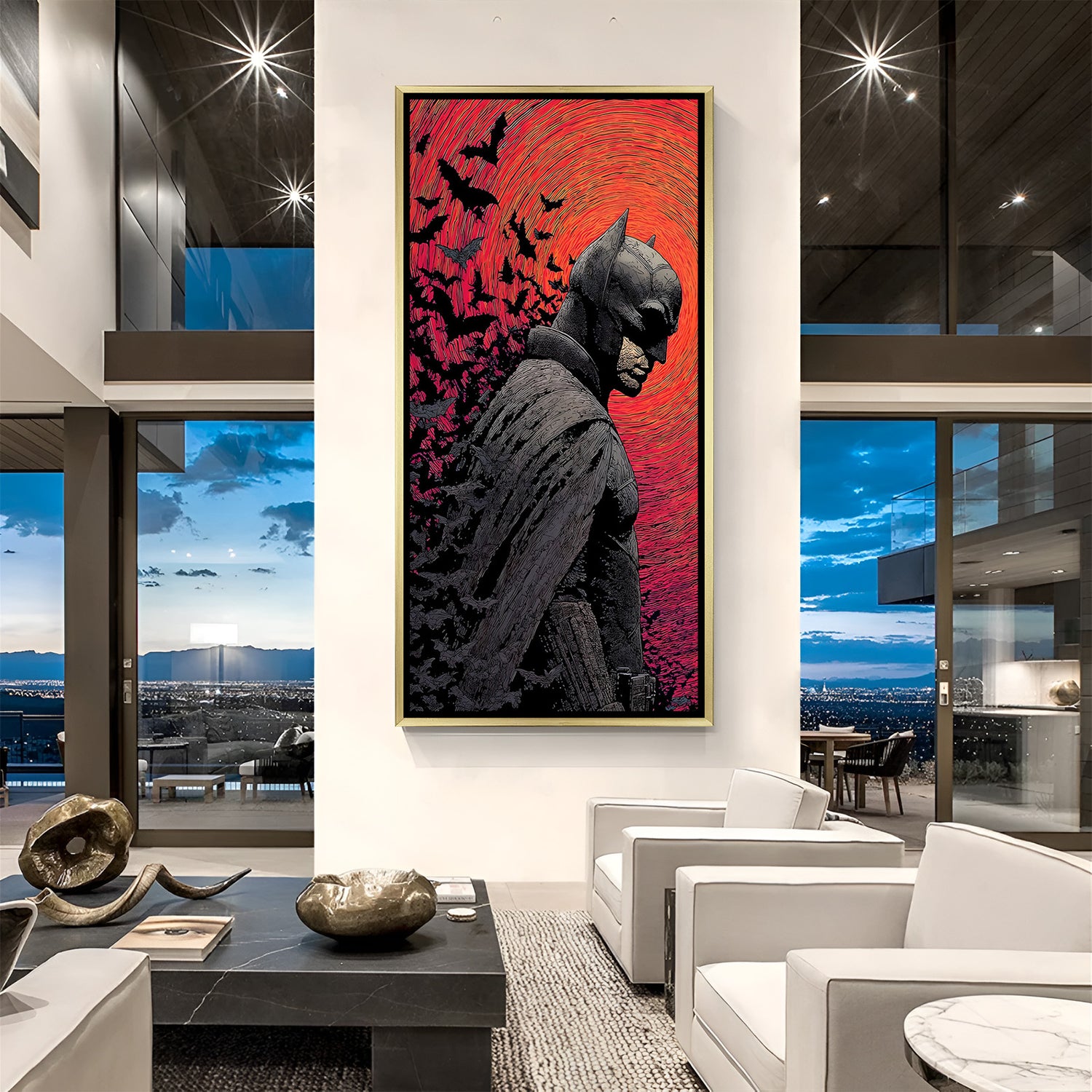 Crimson Shadow Guardian Batman canvas wall art in luxury golden floater frame featuring a dramatic red backdrop and bat silhouette design