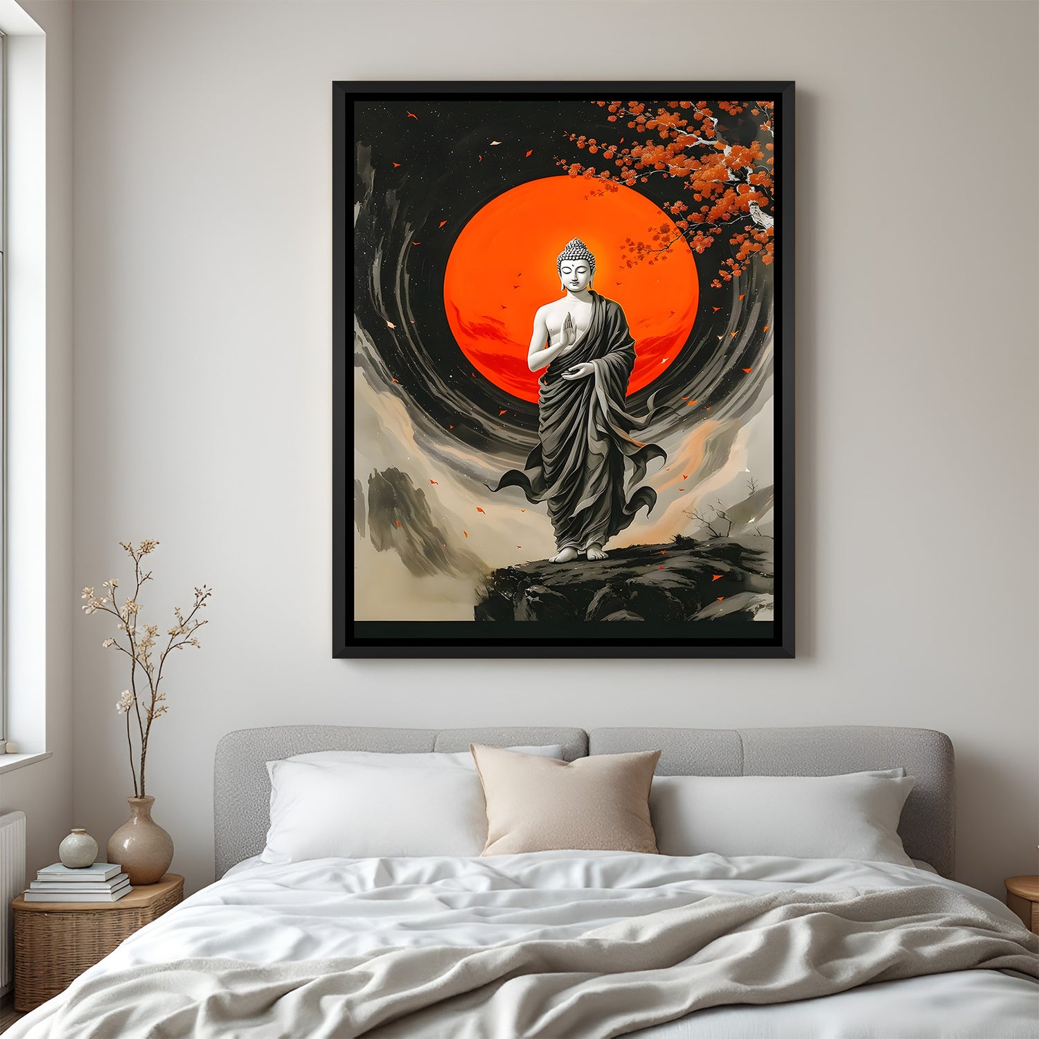 Modern Buddha standing canvas with crimson sun in sleek black frame.