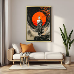 Contemporary Buddha artwork with red sun backdrop in white frame.