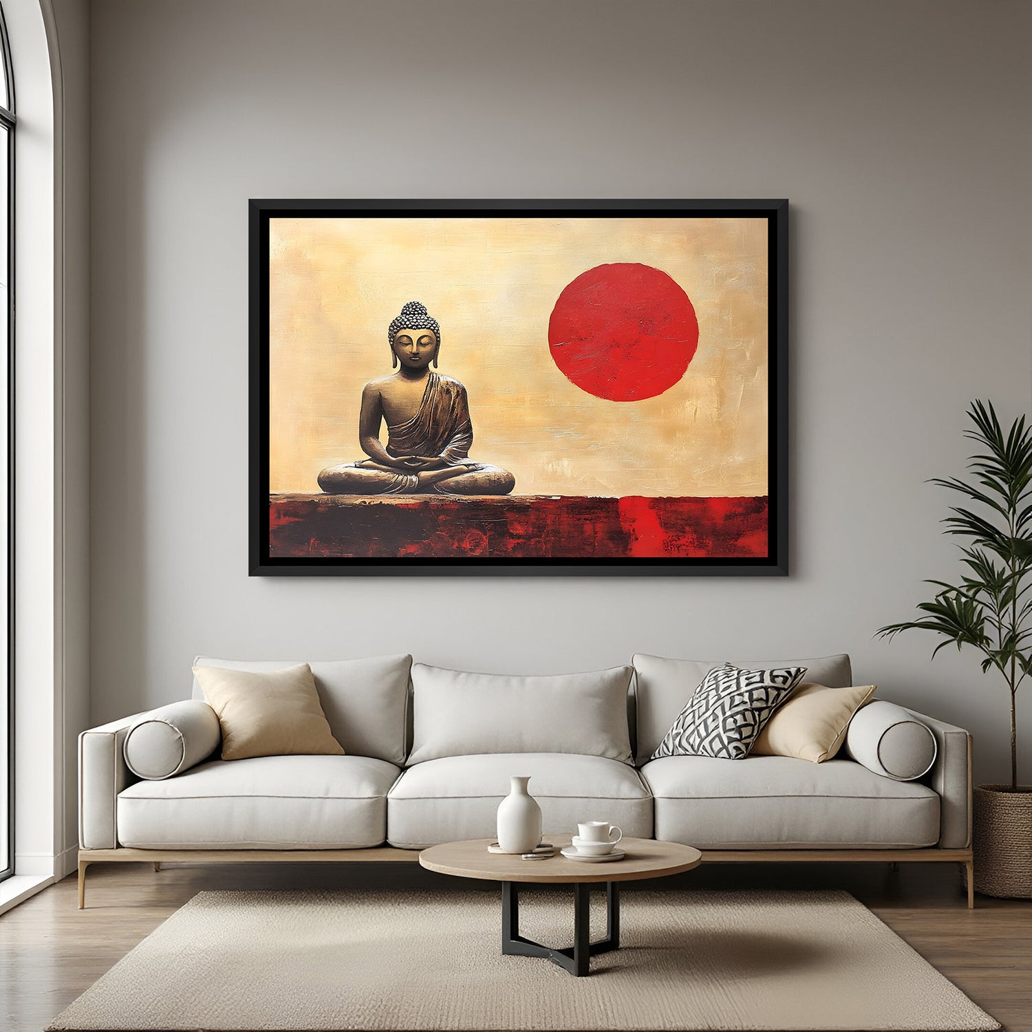 Modern Buddha painting with bold red sun displayed in black floater frame for contemporary decor.