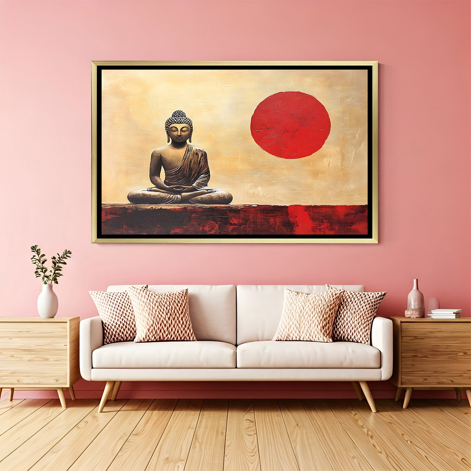 Elegant Buddha canvas with red sun accent presented in gold floater frame for warm interior styling.