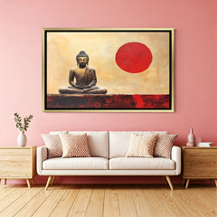 Elegant Buddha canvas with red sun accent presented in gold floater frame for warm interior styling.