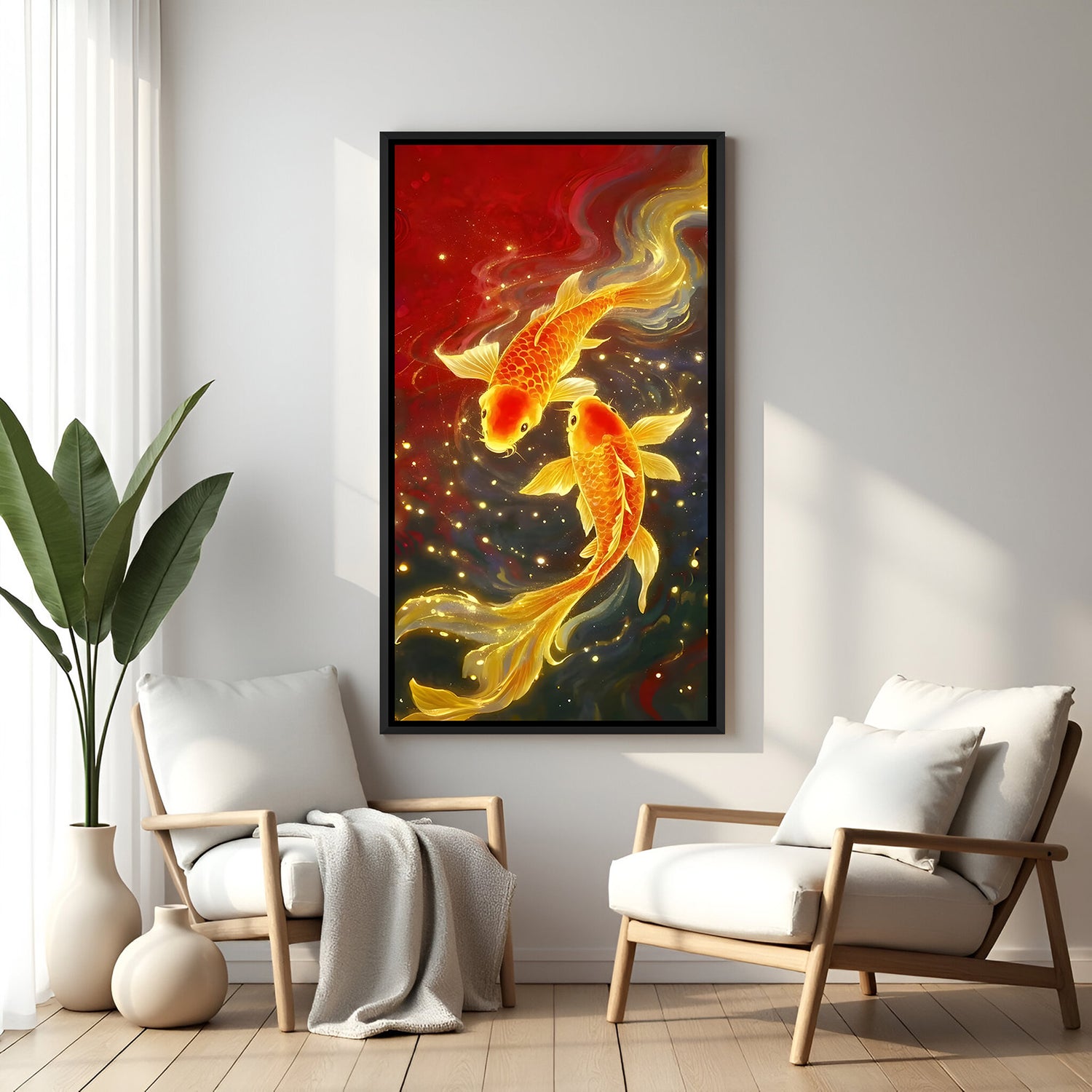 Golden koi fish wall art with vibrant red and blue backdrop in elegant black floater frame