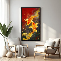 Golden koi fish wall art with vibrant red and blue backdrop in elegant black floater frame