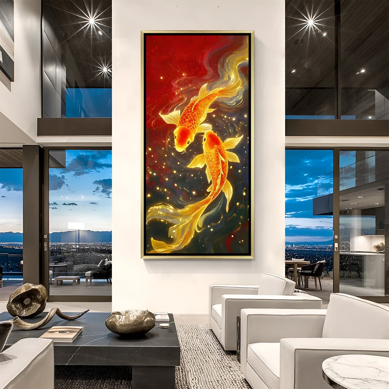 Crimson Tide Golden Koi artwork in luxury golden floater frame featuring two radiant fish and dramatic colors