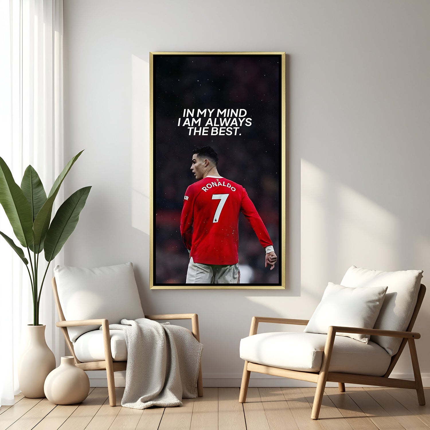 Cristiano Ronaldo motivational football artwork in golden floater frame luxury sports wall painting decor