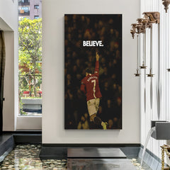 Cristiano Ronaldo pointing upward with BELIEVE quote, canvas wall art without frame