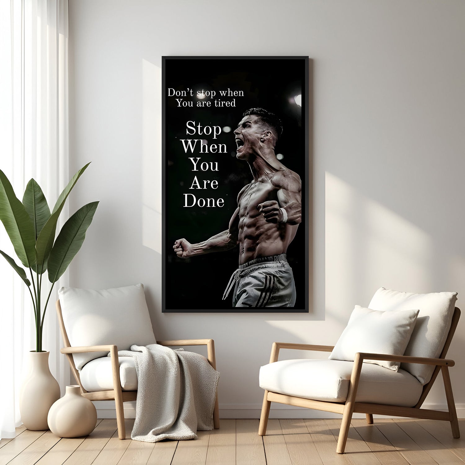 Ronaldo motivational football wall art in black floater frame premium sports canvas decor