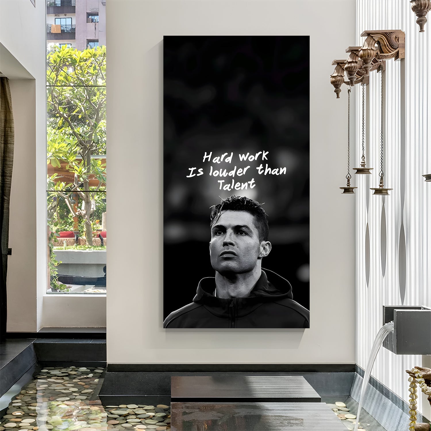Cristiano Ronaldo football motivation canvas wall art with hard work is louder than talent quote sports decor