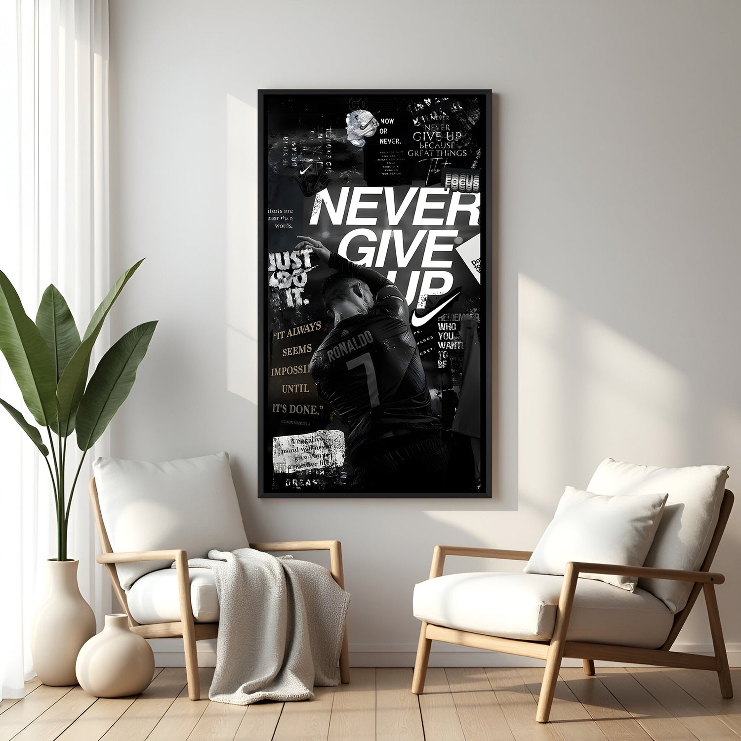 Ronaldo motivational football wall art in black floater frame premium sports canvas decor