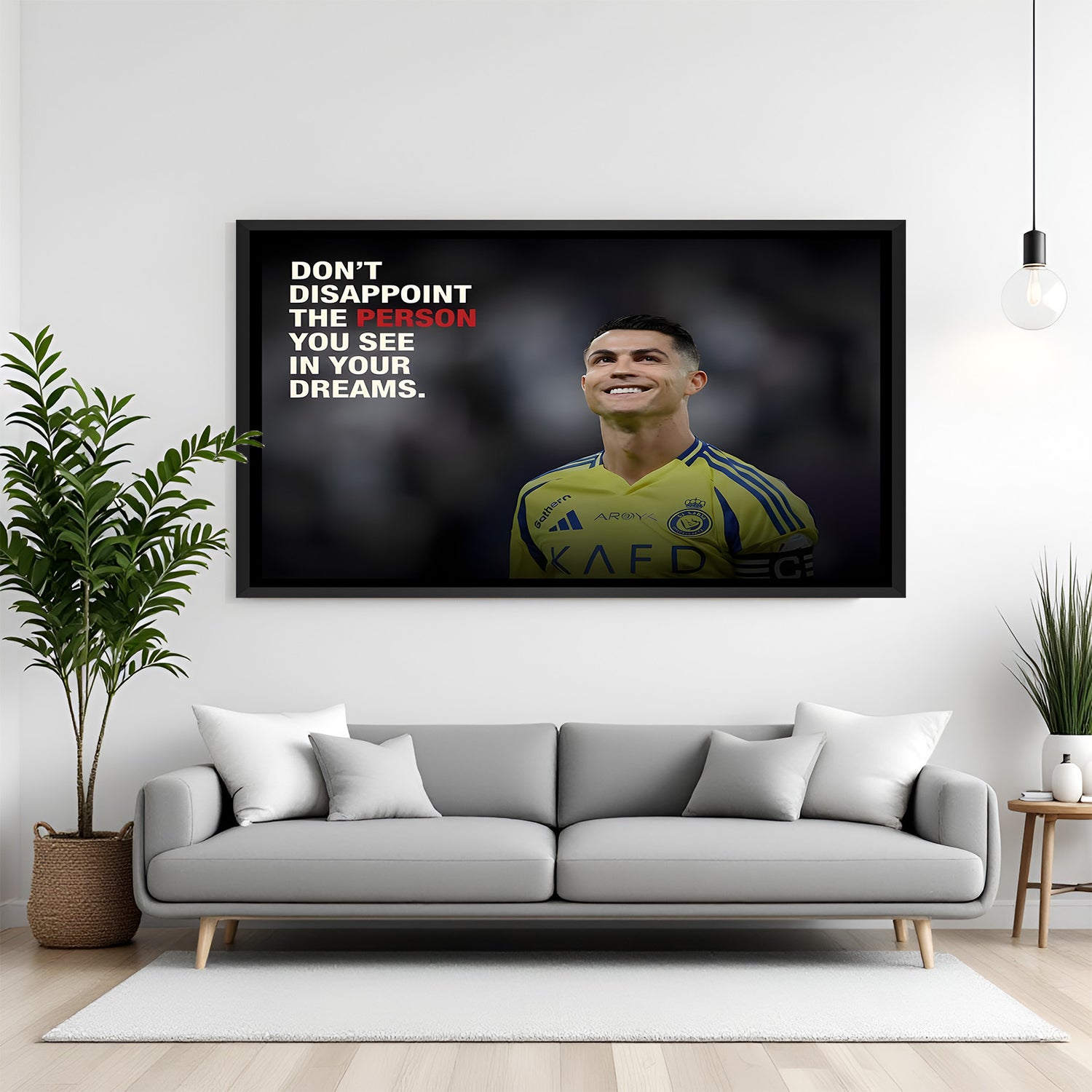 Ronaldo smiling football wall art in black floater frame premium sports canvas decor